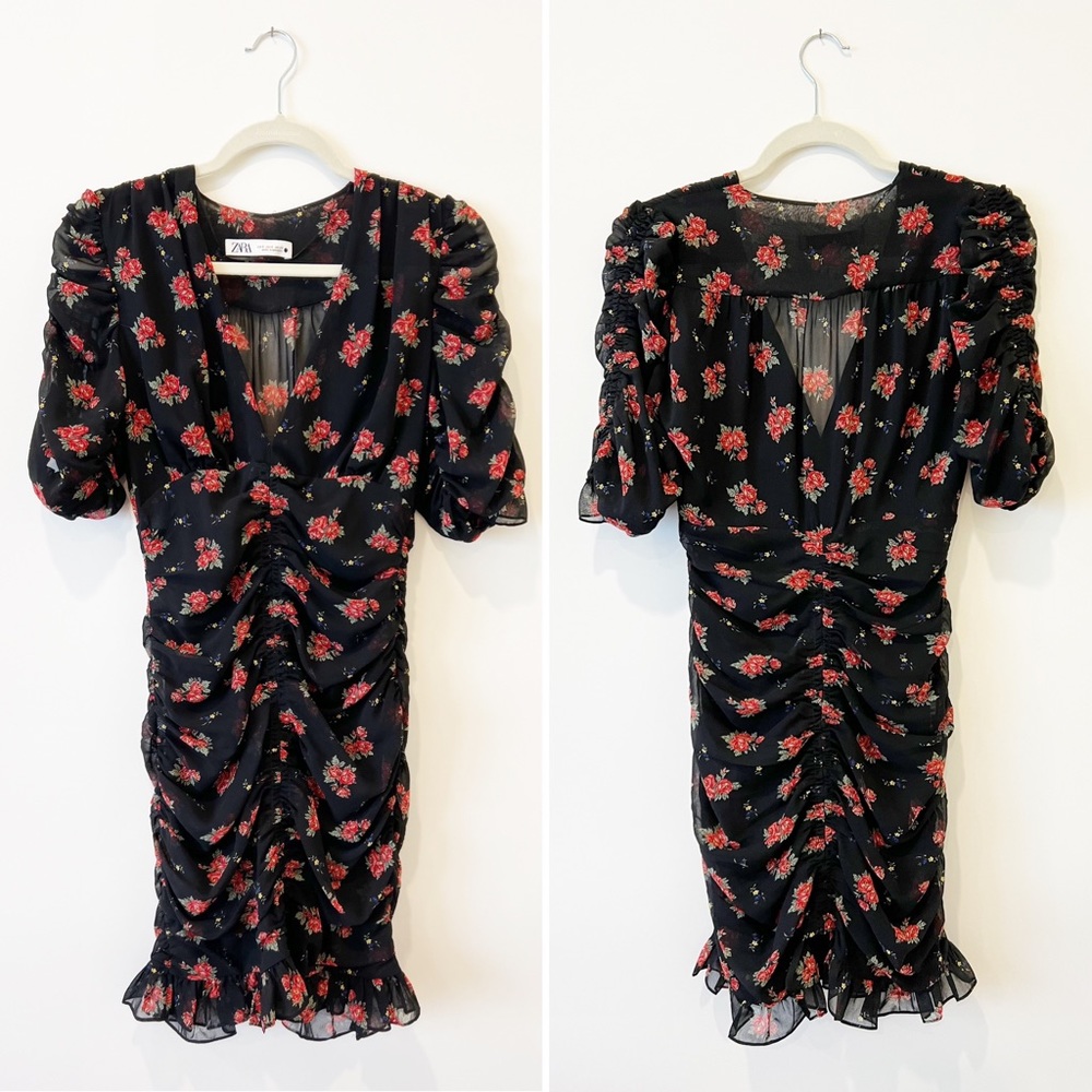 Zara Floral Ruched Mini Dress Mesh Ruffle Plunge V-Neck Puff Sleeve Black S - Picture 5 of 10